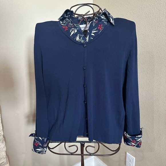 ALFRED DUNNER Vintage Long Sleeve Navy Lightweight Button Down Sweater with, EUC - Picture 1 of 7